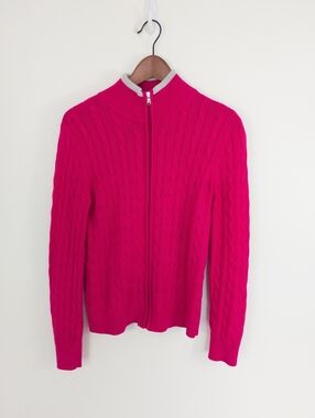 Lauren Ralph Lauren Hot Pink Cable Knit Full-Zip Sweater Small Mock Neck